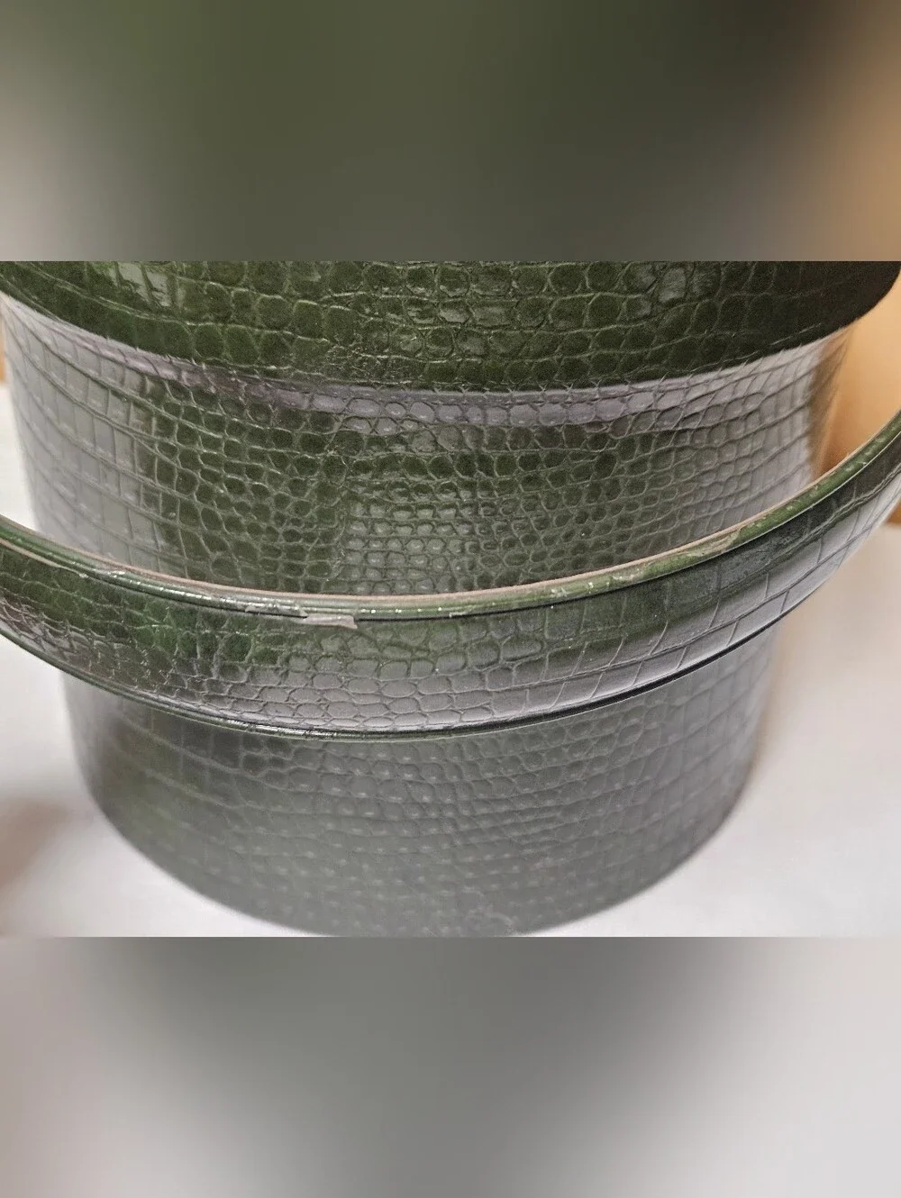 Atapco Ice Bucket 1960s Embossed Green Faux Alligator W/ Stainless Lid Wood Knob